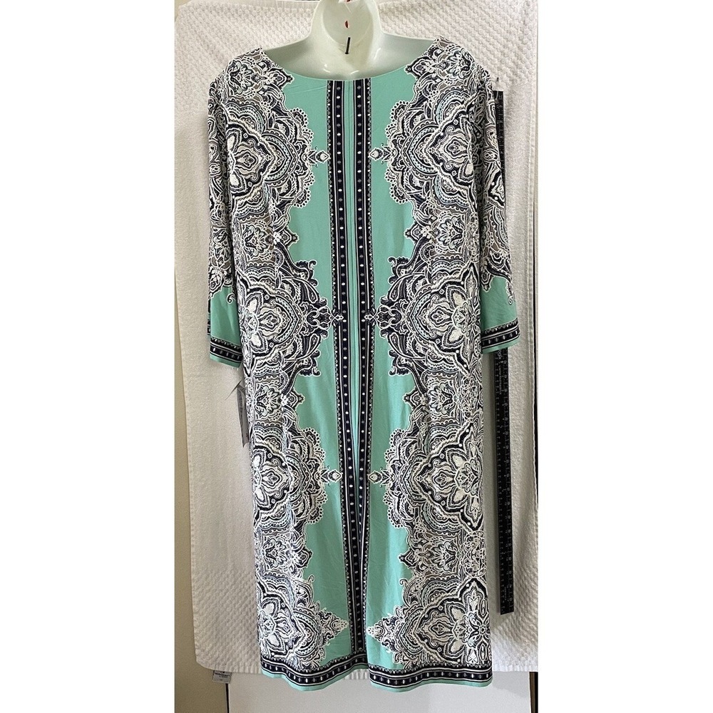 Paisley Size2X Dress Aqua Blue‎ Black White Career Studio One New York NWT Comfy - Picture 2 of 10